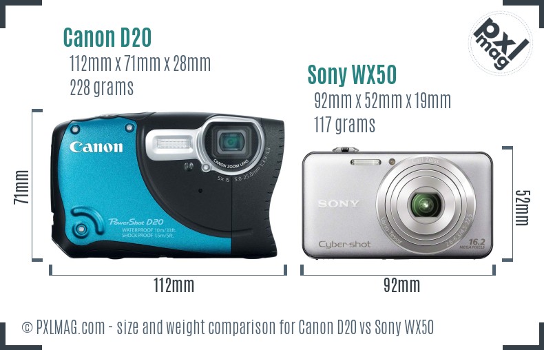 Canon D20 vs Sony WX50 size comparison