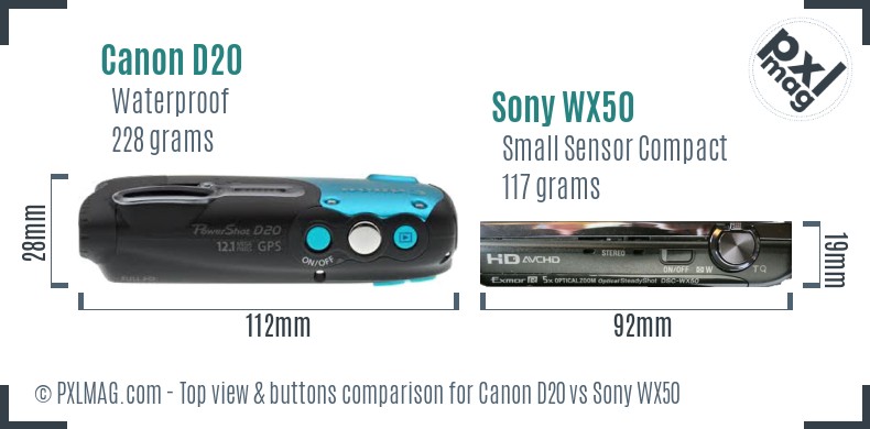 Canon D20 vs Sony WX50 top view buttons comparison