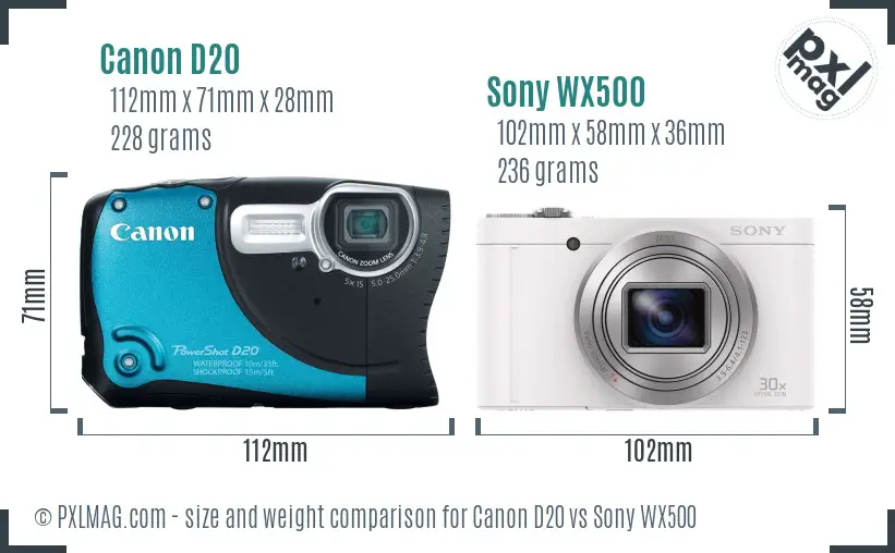 Canon D20 vs Sony WX500 size comparison Canon D20 vs Sony WX500 size comparison