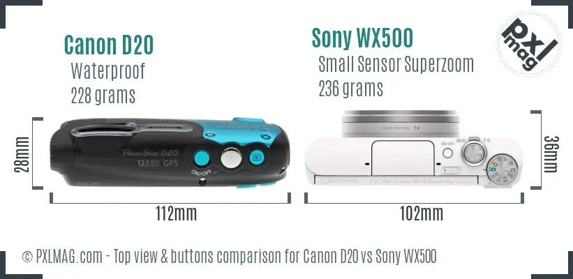 Canon D20 vs Sony WX500 top view buttons comparison Canon D20 vs Sony WX500 top view buttons comparison