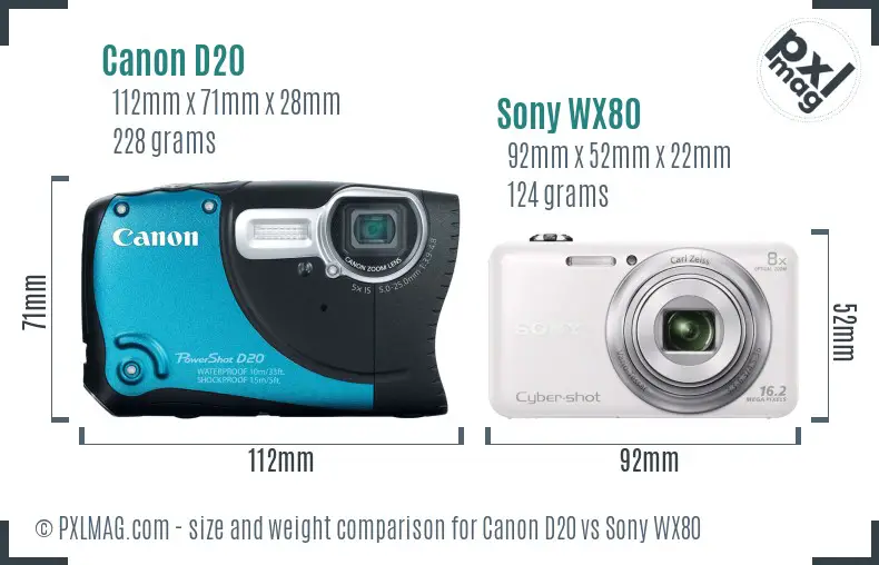 Canon D20 vs Sony WX80 size comparison