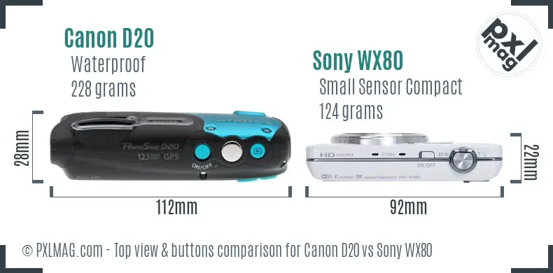 Canon D20 vs Sony WX80 top view buttons comparison