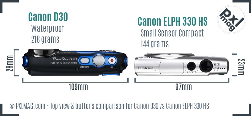 Canon D30 vs Canon ELPH 330 HS top view buttons comparison
