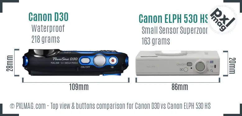 Canon D30 vs Canon ELPH 530 HS top view buttons comparison