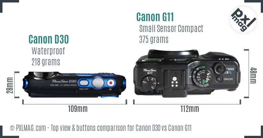 Canon D30 vs Canon G11 top view buttons comparison