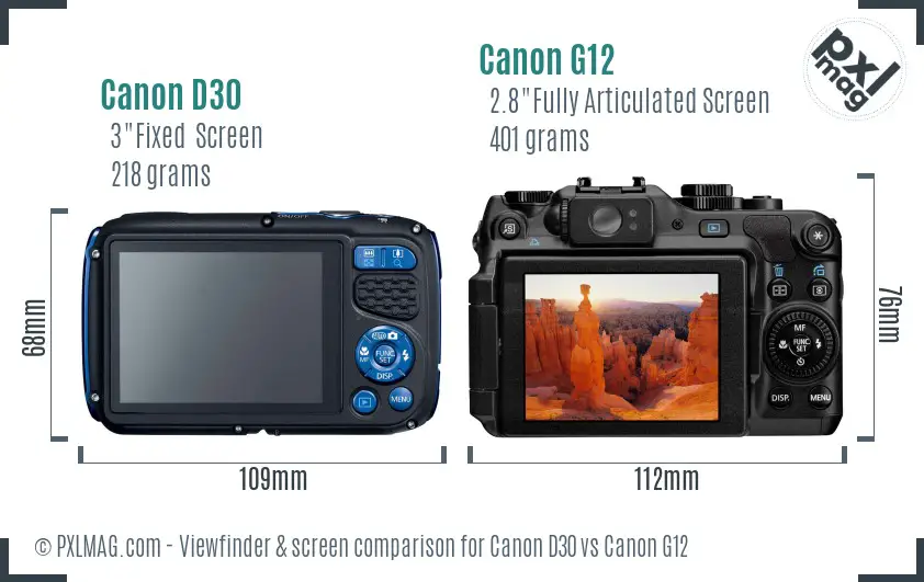 Canon D30 vs Canon G12 Screen and Viewfinder comparison