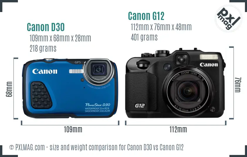 Canon D30 vs Canon G12 size comparison