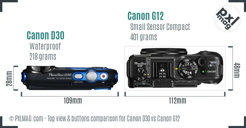 Canon D30 vs Canon G12 top view buttons comparison