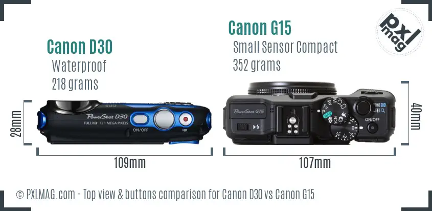 Canon D30 vs Canon G15 top view buttons comparison