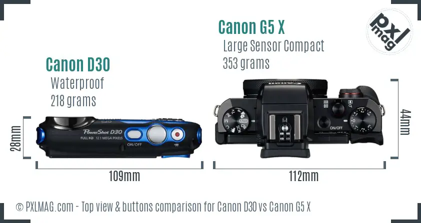 Canon D30 vs Canon G5 X top view buttons comparison
