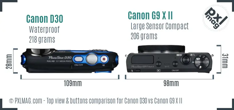 Canon D30 vs Canon G9 X II top view buttons comparison