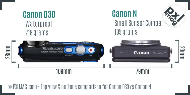 Canon D30 vs Canon N top view buttons comparison