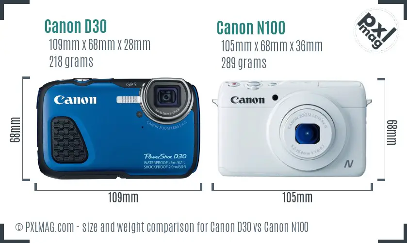 Canon D30 vs Canon N100 size comparison