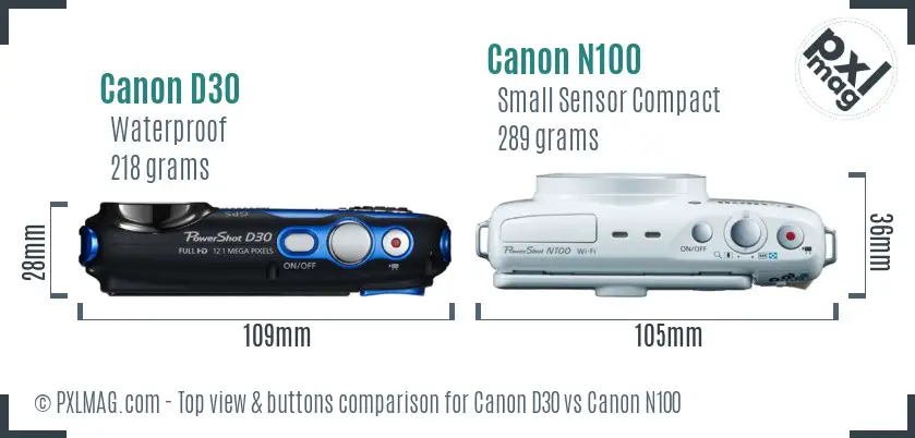 Canon D30 vs Canon N100 top view buttons comparison