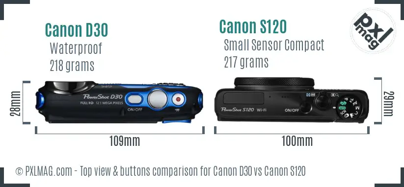 Canon D30 vs Canon S120 top view buttons comparison Canon D30 vs Canon S120 top view buttons comparison