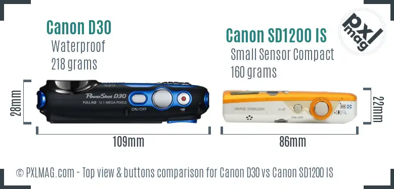 Canon D30 vs Canon SD1200 IS top view buttons comparison