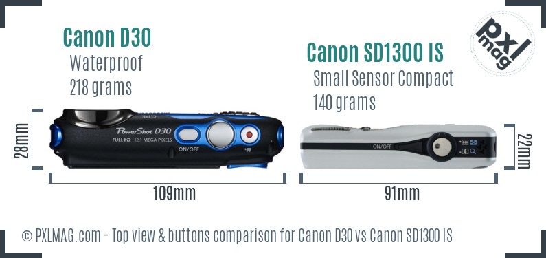Canon D30 vs Canon SD1300 IS top view buttons comparison