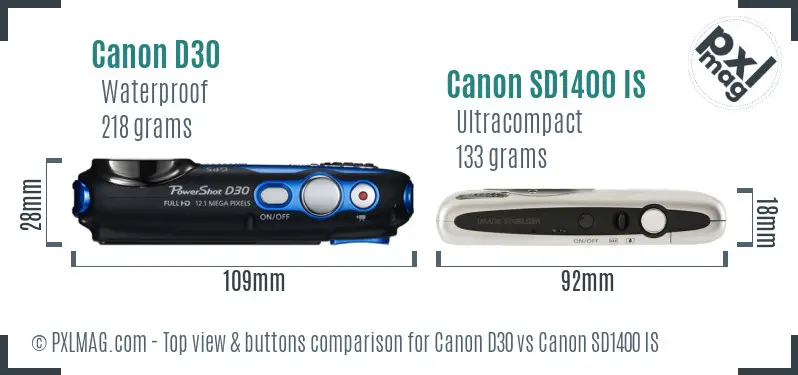 Canon D30 vs Canon SD1400 IS top view buttons comparison
