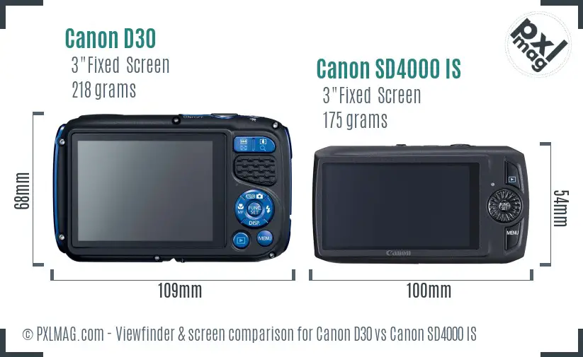 Canon D30 vs Canon SD4000 IS Screen and Viewfinder comparison