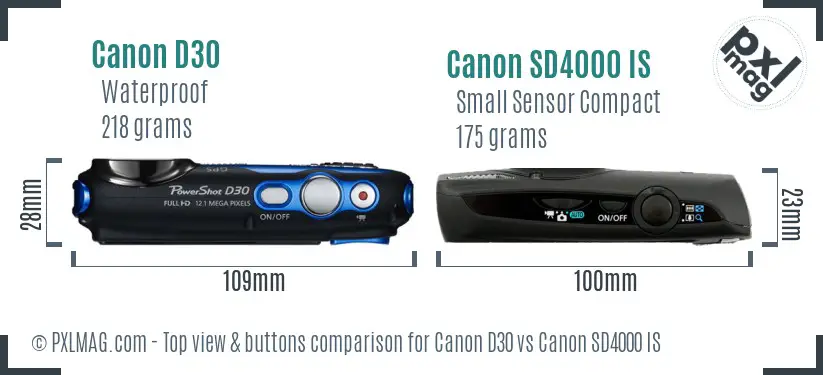 Canon D30 vs Canon SD4000 IS top view buttons comparison