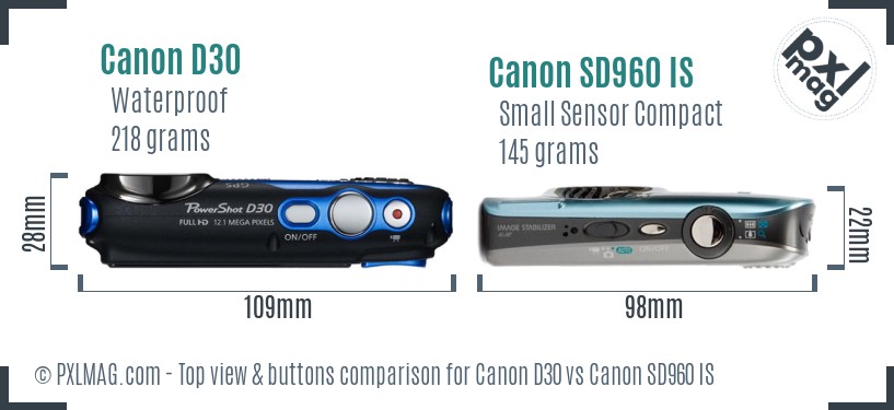 Canon D30 vs Canon SD960 IS top view buttons comparison