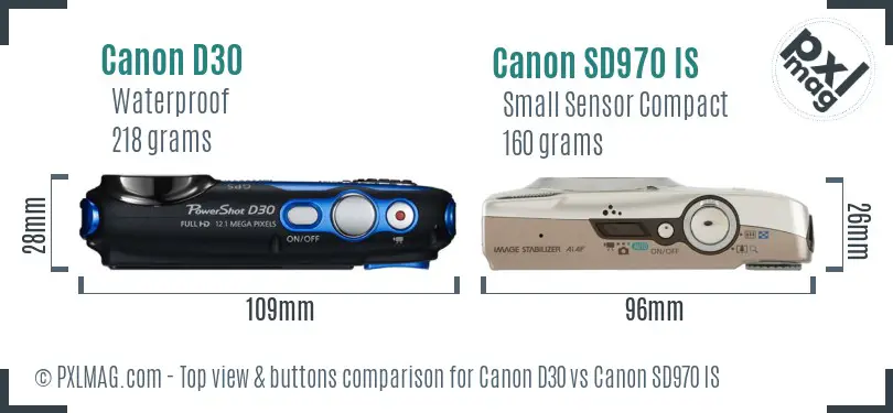 Canon D30 vs Canon SD970 IS top view buttons comparison