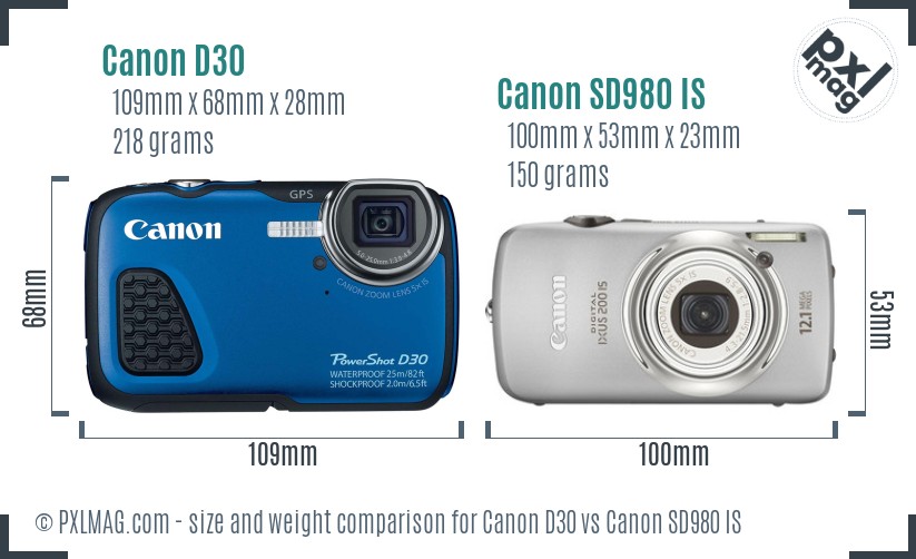 Canon D30 vs Canon SD980 IS size comparison