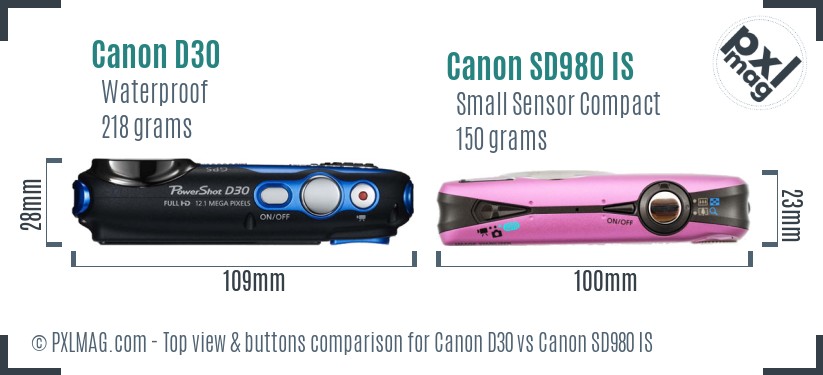 Canon D30 vs Canon SD980 IS top view buttons comparison