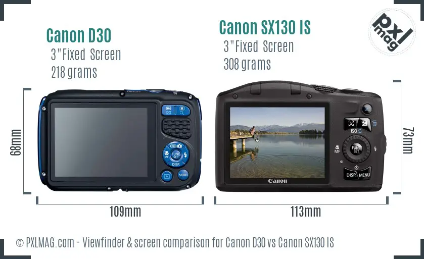 Canon D30 vs Canon SX130 IS Screen and Viewfinder comparison