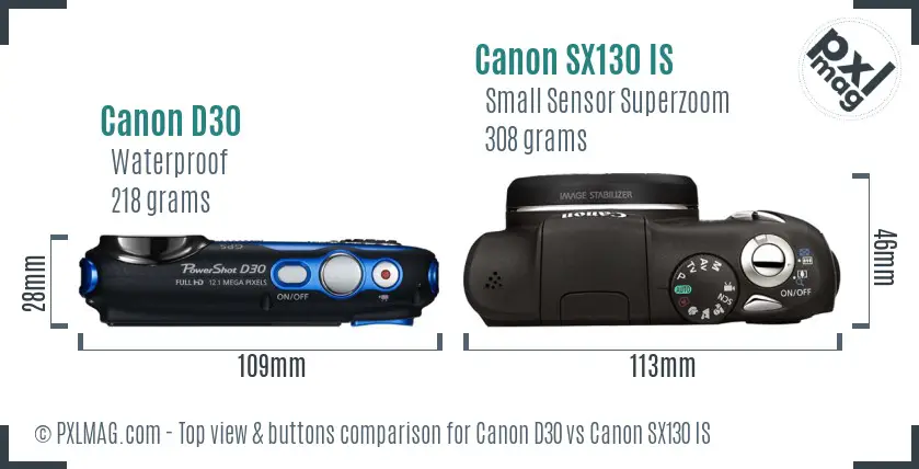 Canon D30 vs Canon SX130 IS top view buttons comparison