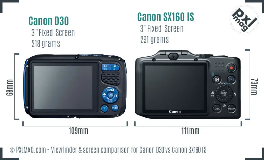 Canon D30 vs Canon SX160 IS Screen and Viewfinder comparison
