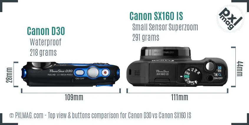 Canon D30 vs Canon SX160 IS top view buttons comparison