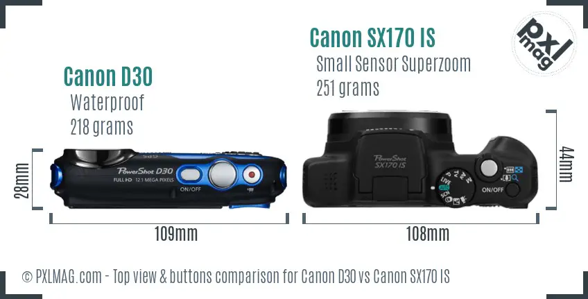 Canon D30 vs Canon SX170 IS top view buttons comparison