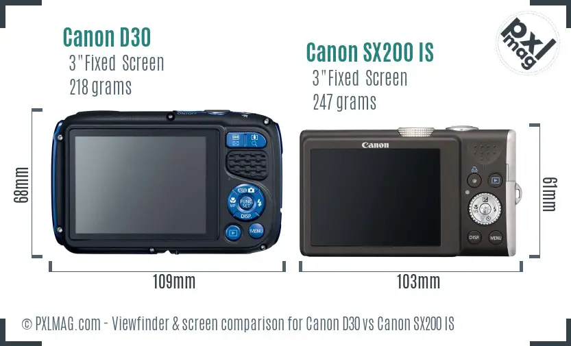 Canon D30 vs Canon SX200 IS Screen and Viewfinder comparison