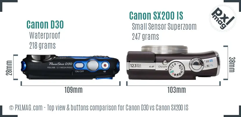 Canon D30 vs Canon SX200 IS top view buttons comparison