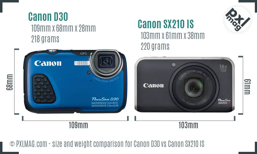 Canon D30 vs Canon SX210 IS size comparison