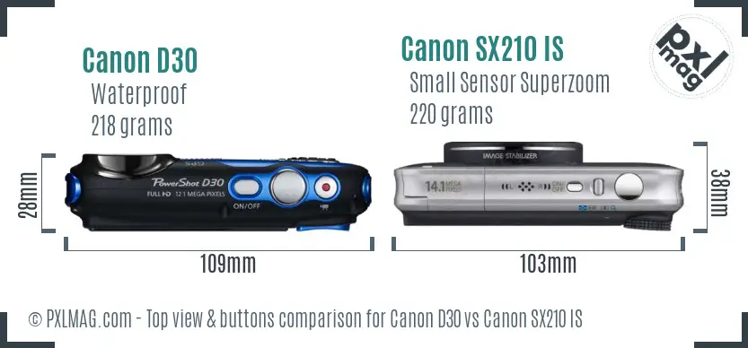 Canon D30 vs Canon SX210 IS top view buttons comparison