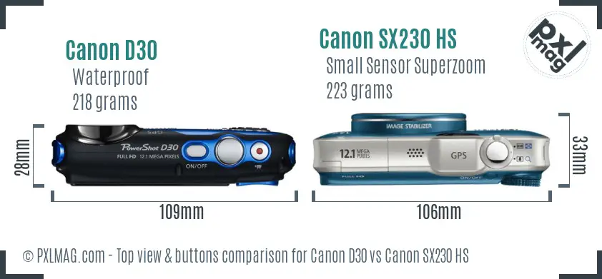 Canon D30 vs Canon SX230 HS top view buttons comparison Canon D30 vs Canon SX230 HS top view buttons comparison