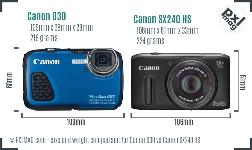 Canon D30 vs Canon SX240 HS size comparison