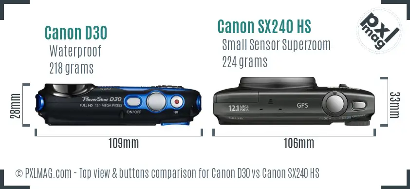 Canon D30 vs Canon SX240 HS top view buttons comparison