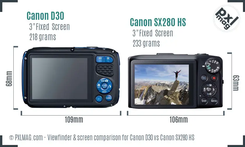 Canon D30 vs Canon SX280 HS Screen and Viewfinder comparison