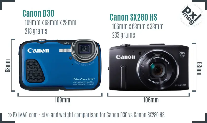 Canon D30 vs Canon SX280 HS size comparison