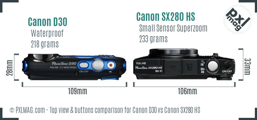 Canon D30 vs Canon SX280 HS top view buttons comparison