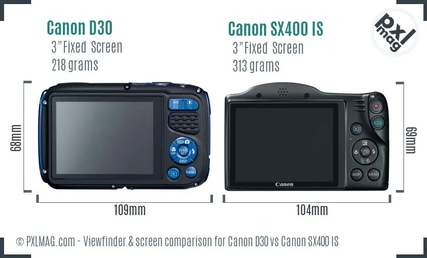 Canon D30 vs Canon SX400 IS Screen and Viewfinder comparison