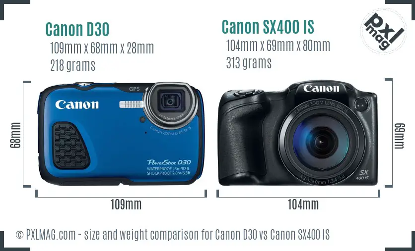 Canon D30 vs Canon SX400 IS size comparison