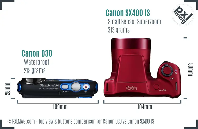 Canon D30 vs Canon SX400 IS top view buttons comparison