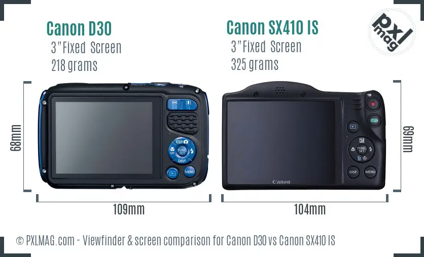 Canon D30 vs Canon SX410 IS Screen and Viewfinder comparison