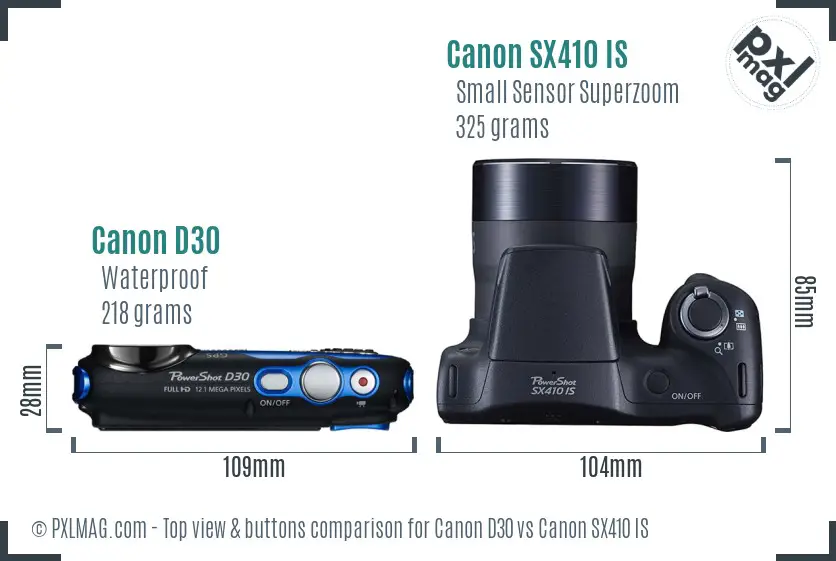 Canon D30 vs Canon SX410 IS top view buttons comparison