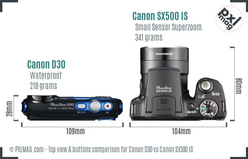 Canon D30 vs Canon SX500 IS top view buttons comparison