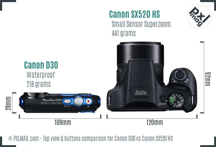 Canon D30 vs Canon SX520 HS top view buttons comparison Canon D30 vs Canon SX520 HS top view buttons comparison